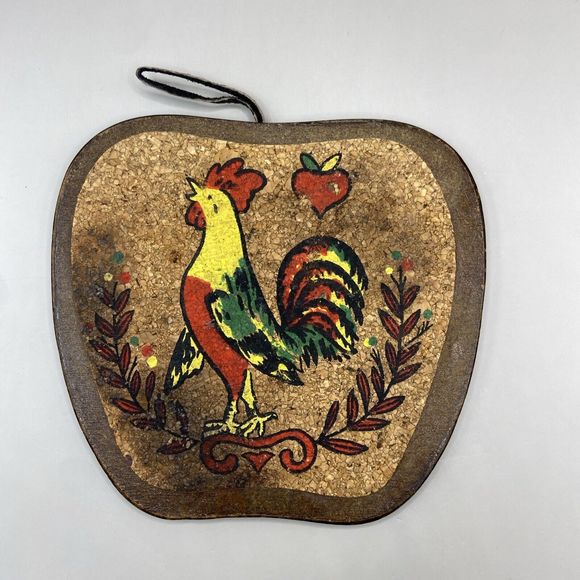 Vintage 60s Hand Painted Folk Art Wood / Cork Hot Plates Trivets (2) Apple Shape - Picture 4 of 10